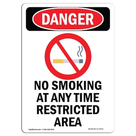 OSHA Danger Sign, No Smoking At Any Time, 18in X 12in Rigid Plastic